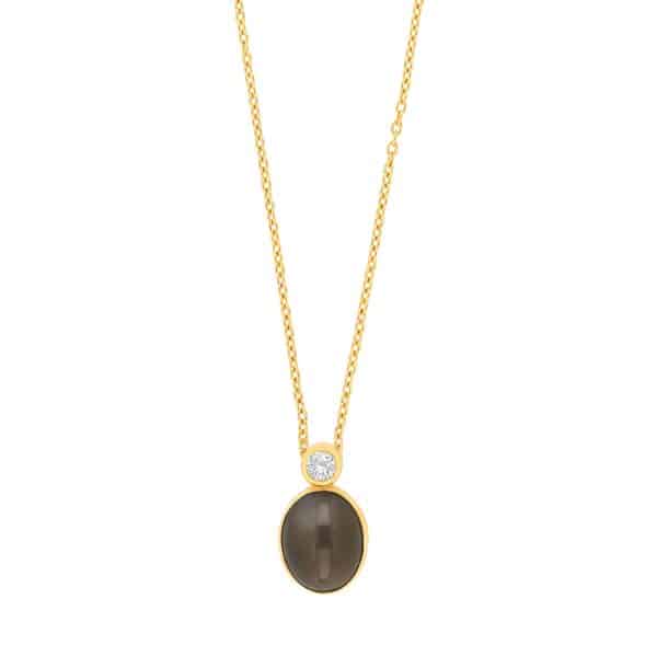 Siersbøl halskæde med vedhæng i 8 kt guld med kubisk zirkon og grå månesten